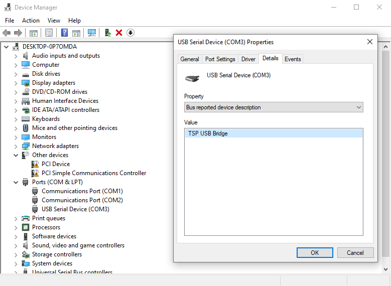 Screenshot of the Window Device Manager showing the properties of USB Serial Device (COM3), which, in this case, corresponds to the TSP USB Bridge