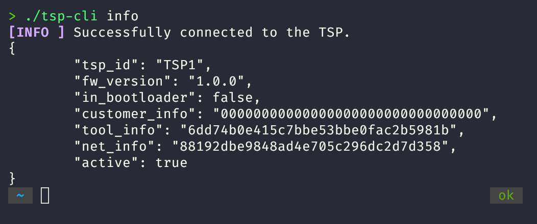 Linux terminal showing successful `tsp-cli info` execution with JSON output
