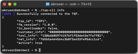 macOS Terminal showing successful `./tsp-cli info` execution with JSON output