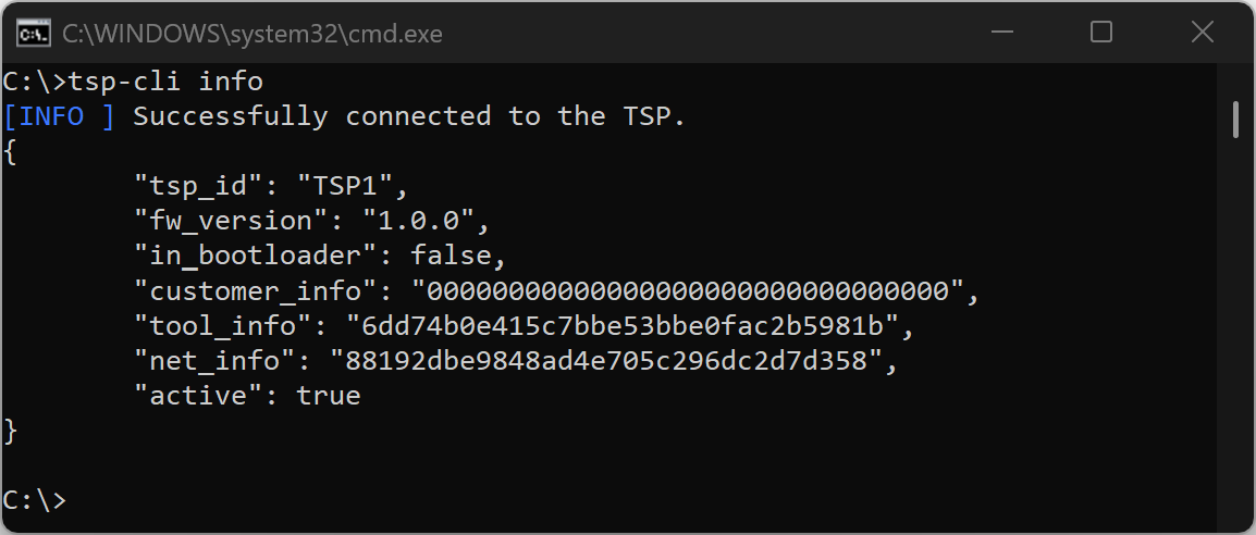 Windows Command Prompt showing successful `tsp-cli info` execution with JSON output